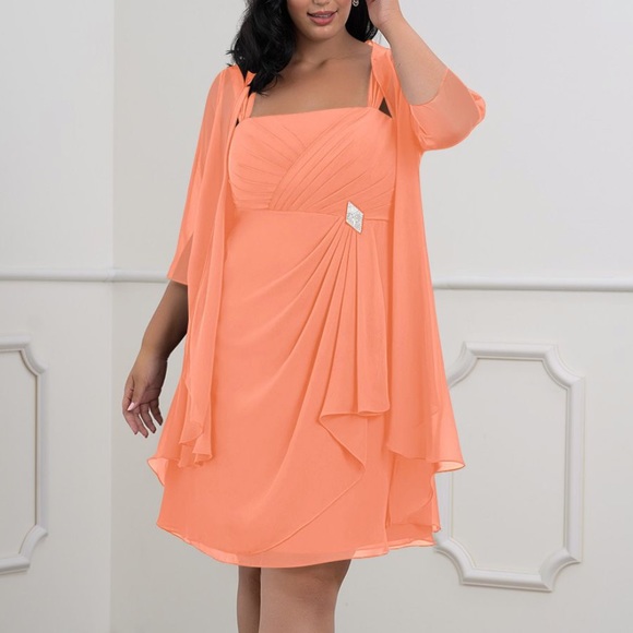 Azazie NWT 2 Pc. Olivia Coral Chiffon Flowy Dress Size 8 - Picture 3 of 12